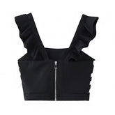 Black & White Patterned Slim Fit Ruffle Sleeve Crop Tank Top